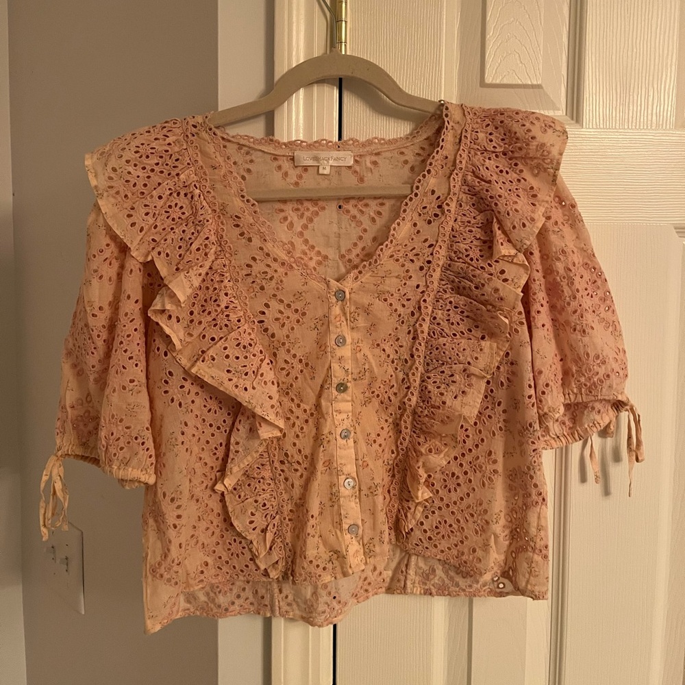 LOVESHACKFANCY PINK BUTTON UP BLOUSE WITH EYELETS